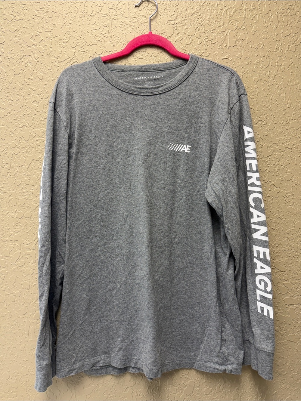 American Eagle Outfitters Men's Long Sleeve Tee - Gray with White Sleeve Logo